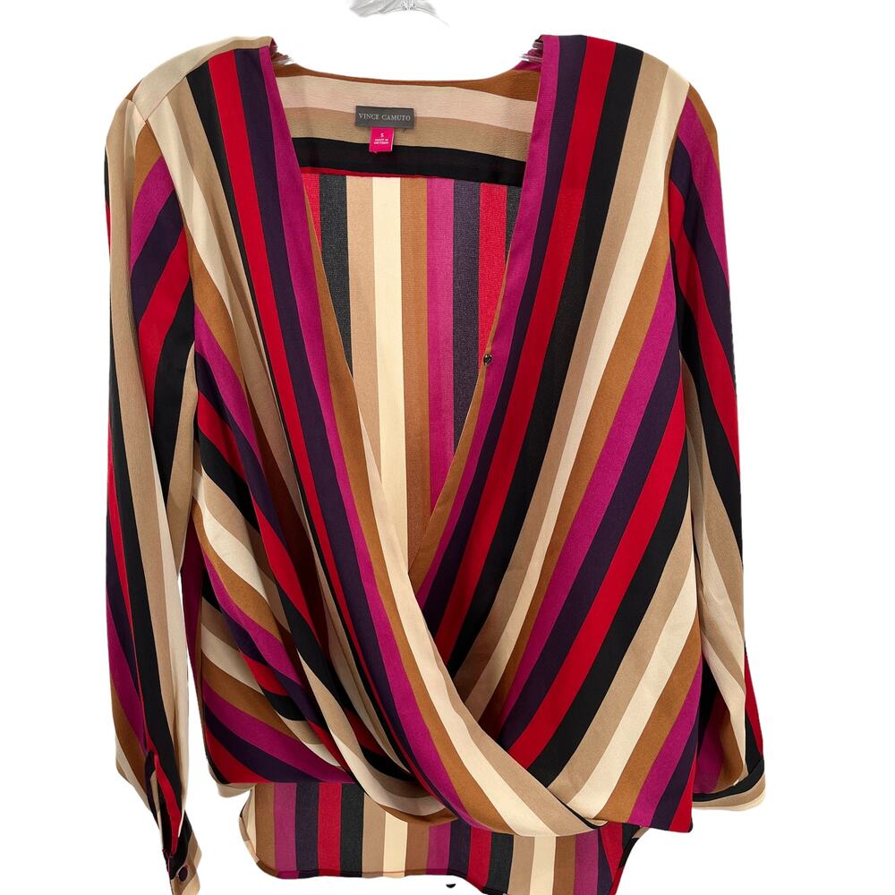 Vince Camuto Brown & Pink Striped Wrap Front Long Sleeve Blouse Women Sz S